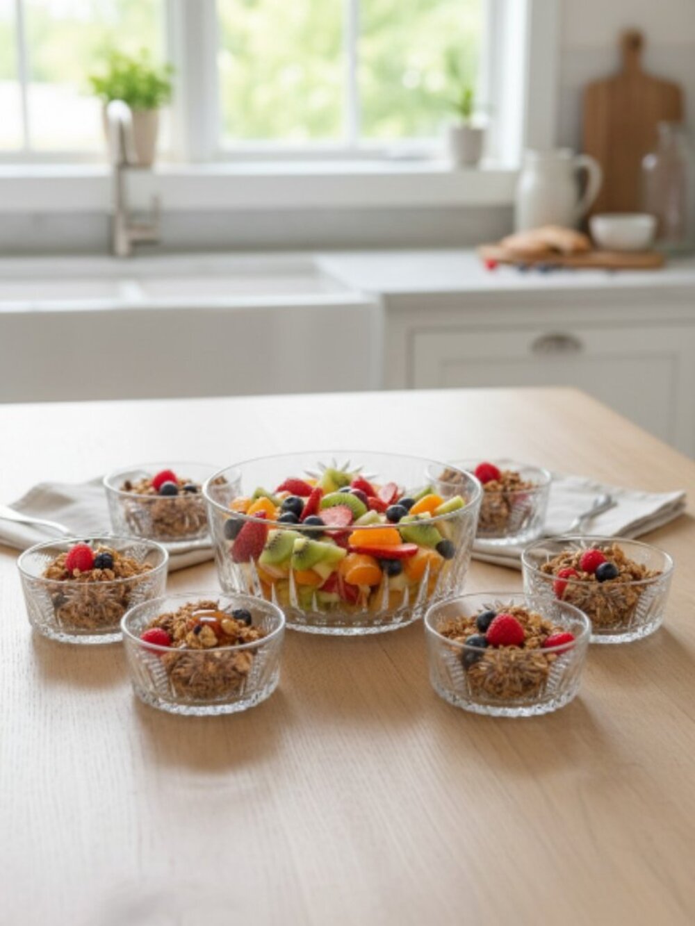 SALAD BOWL SET -- Large Serving Bowl, 6 Individual Bowls, Cut Glass Starburst